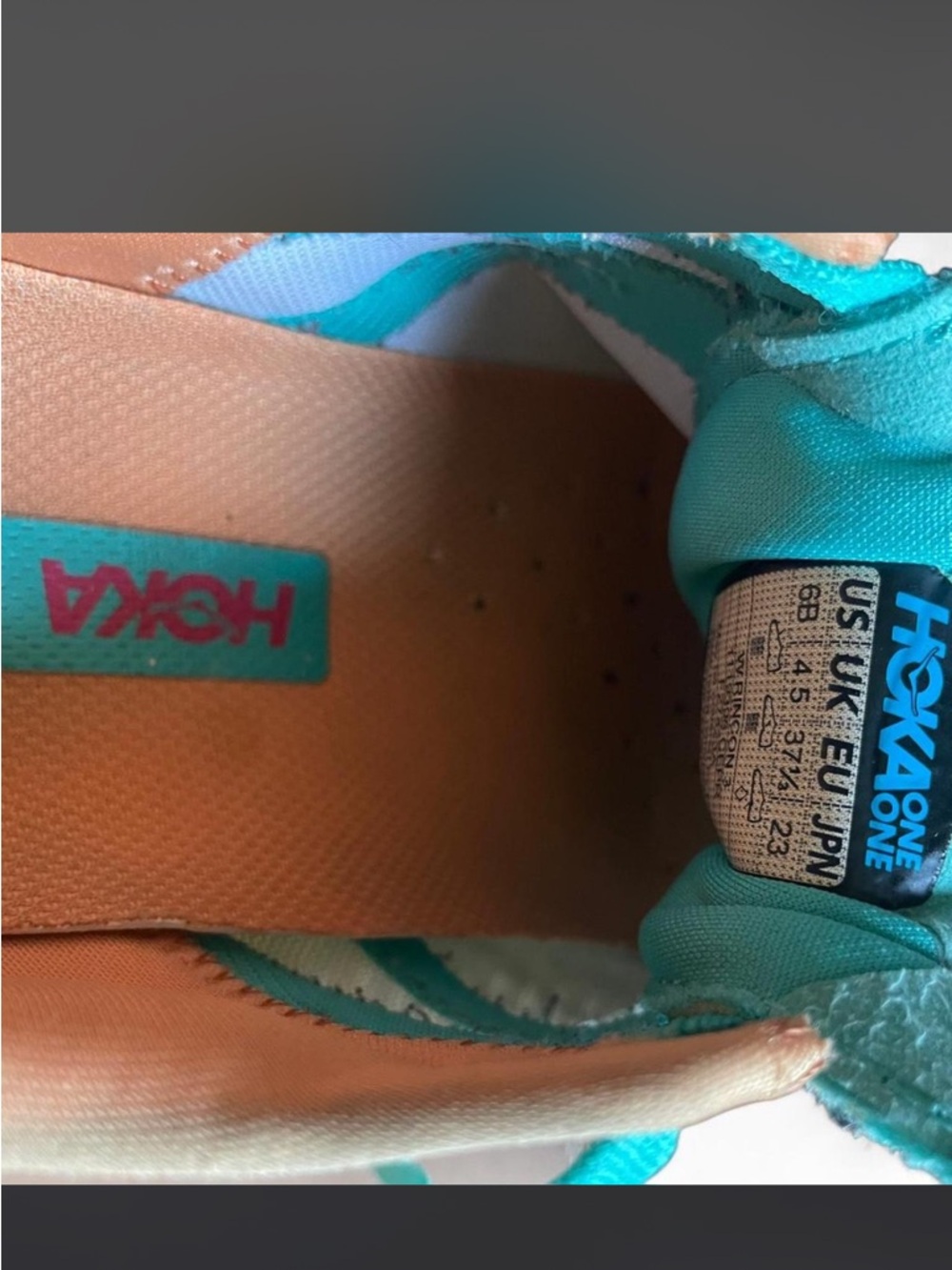 Hoka Woman Turquoise & Yellow Athletic Sneaker with Pink Logo - Picture 3 of 4